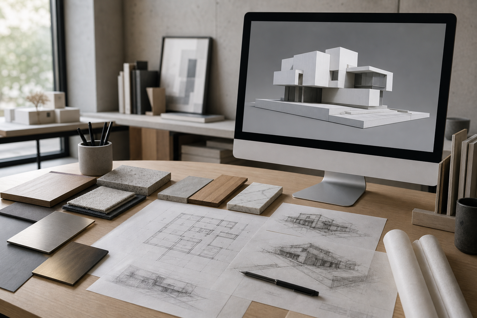 Monitor mostrando modelado 3D de edificio en un escritorio con planos y cámara fotográfica al lado