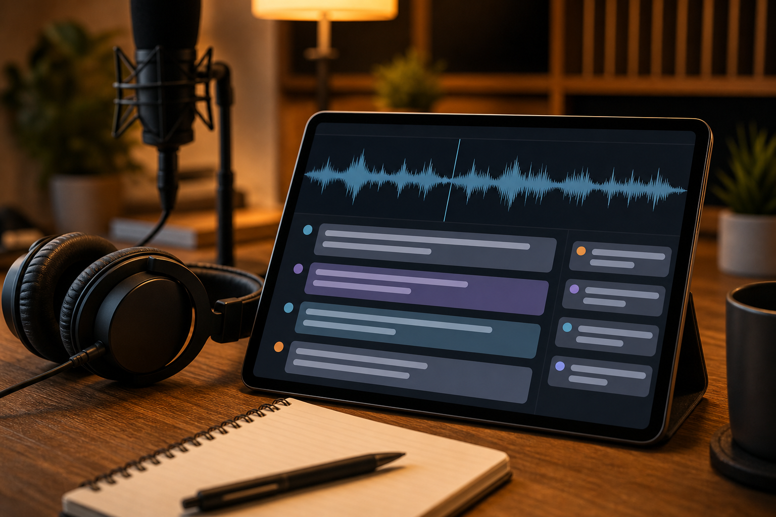 mesa de trabajo con micrófono y auriculares junto a laptop con editor de audio