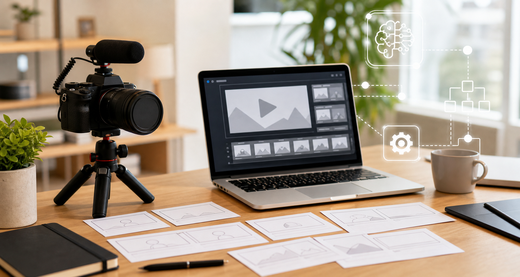 Portátil con línea de tiempo de edición de vídeo en pantalla, cámara DSLR y cuaderno con notas