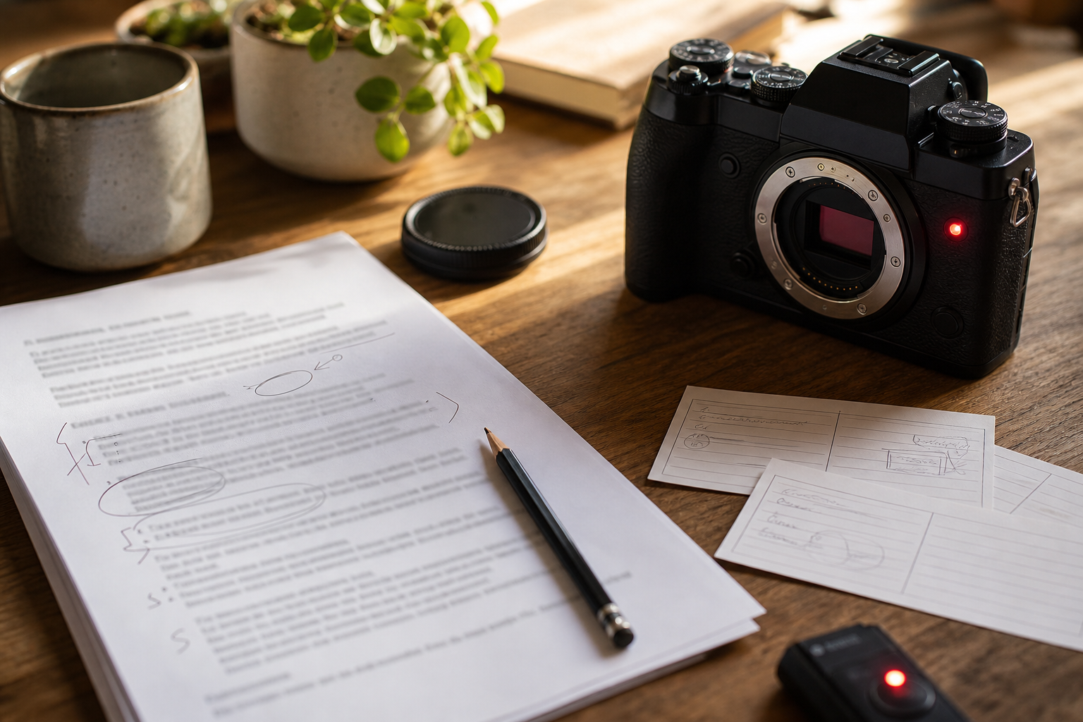 Escritorio con monitor mostrando analytics de vídeo, libreta con ideas y auriculares